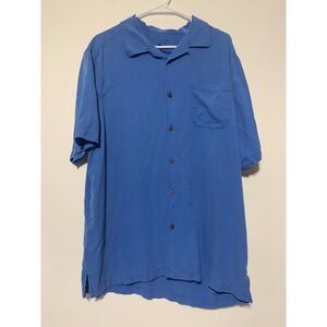 Tommy Bahama Men Blue Catalina Twill Short Sleeve Silk Shirt Cut Tag Stain
